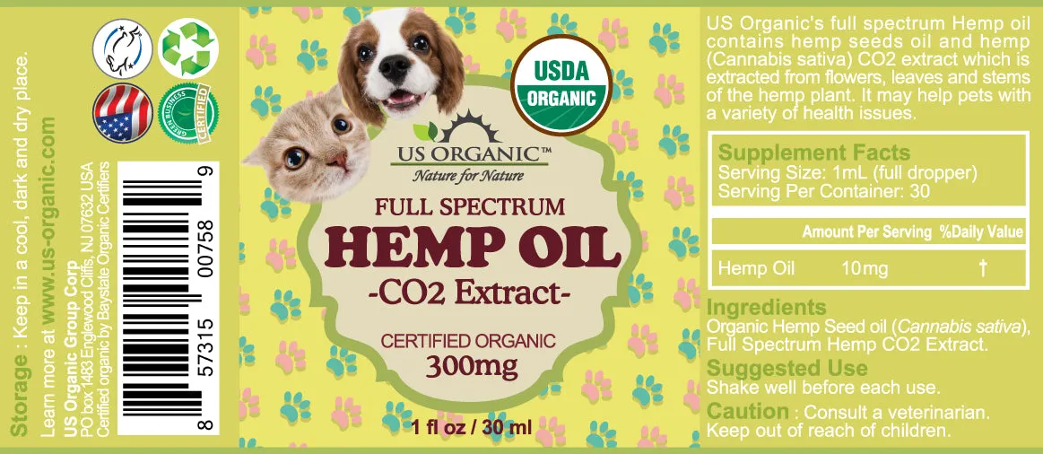100% Pure Certified USDA Organic - Hemp Oil for Pets, 300 mg