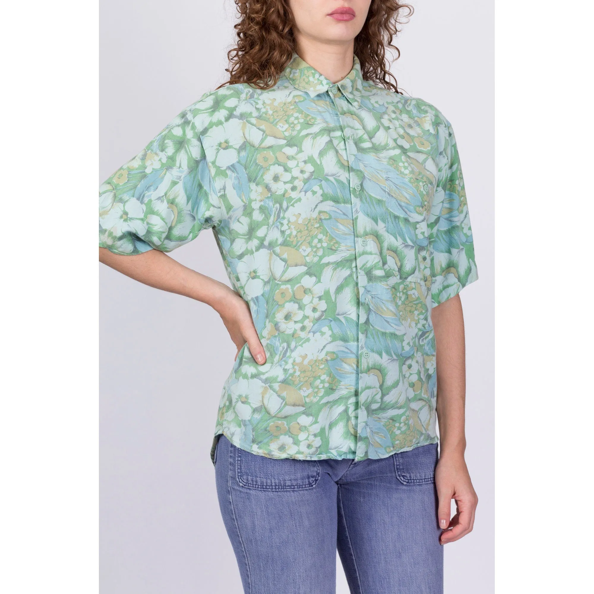90s Green Floral Rayon Shirt - Large