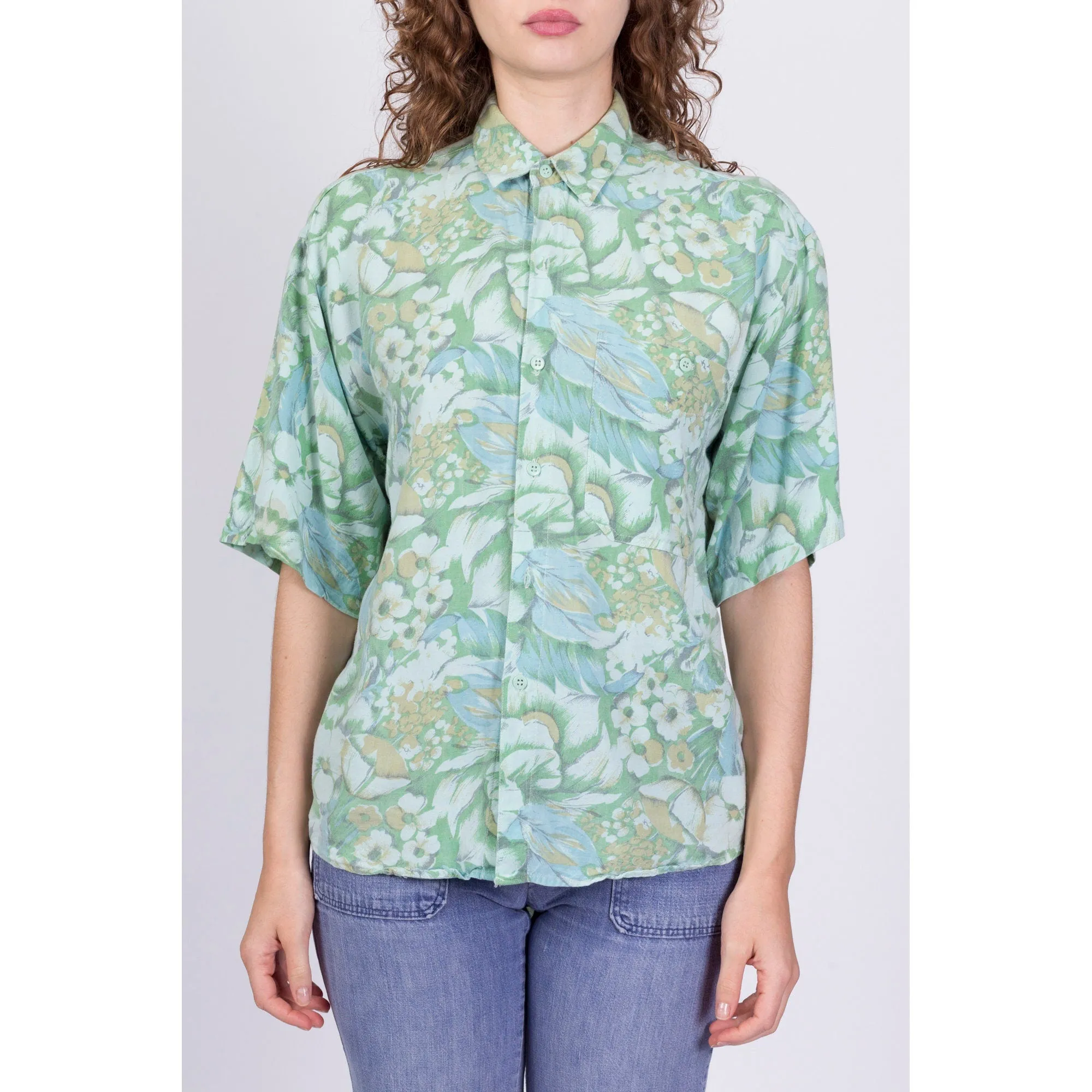 90s Green Floral Rayon Shirt - Large