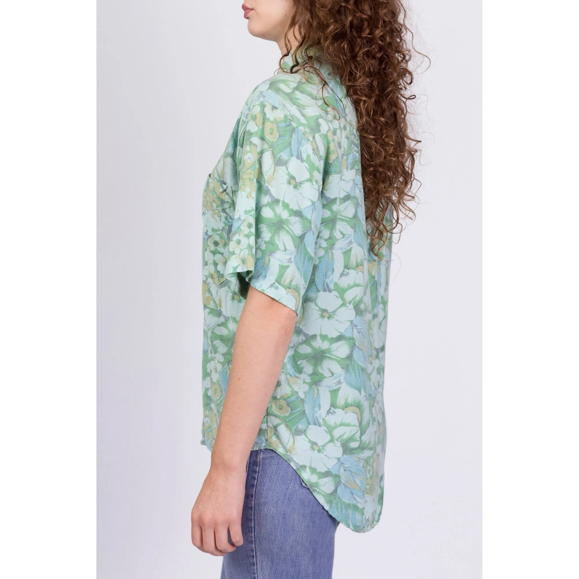90s Green Floral Rayon Shirt - Large