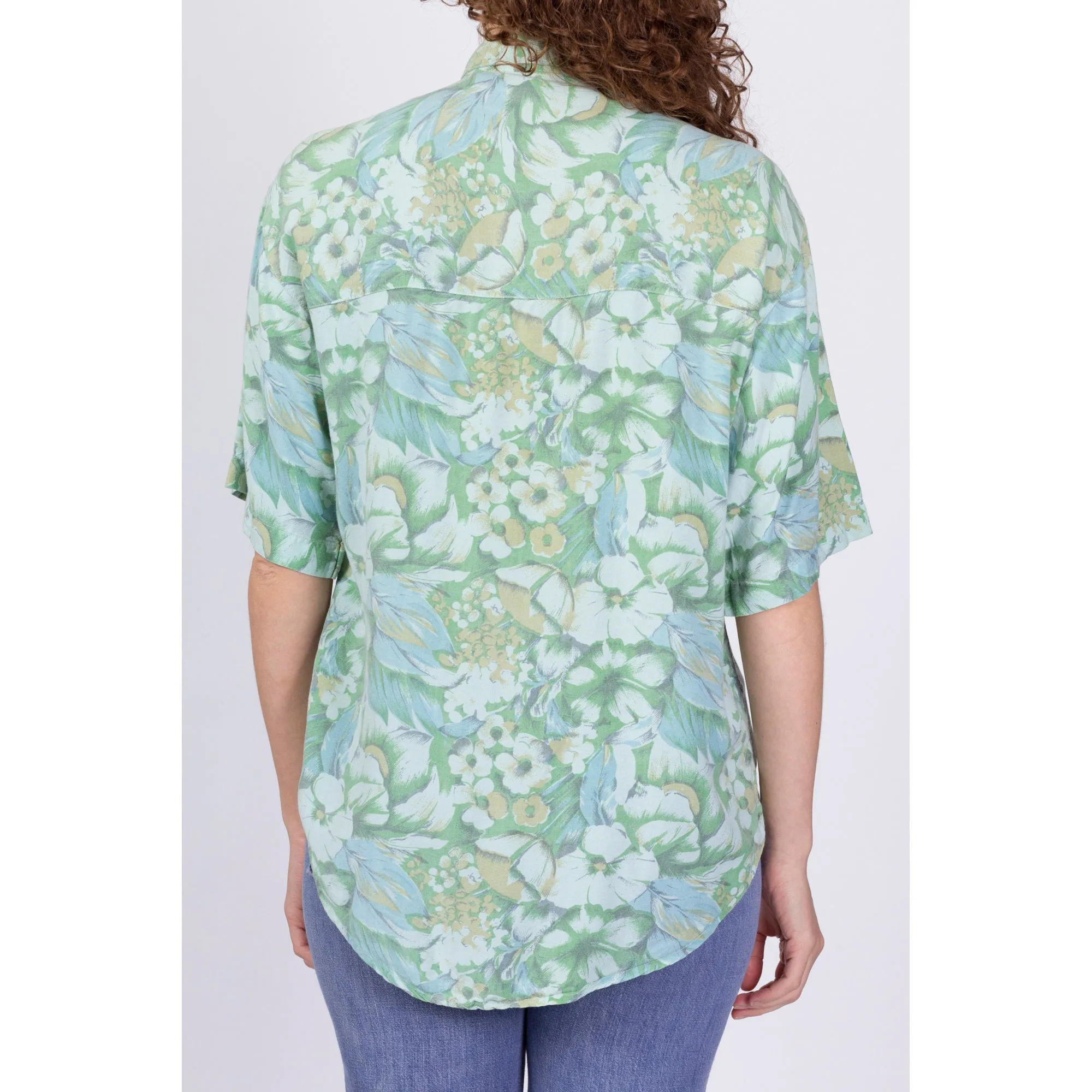 90s Green Floral Rayon Shirt - Large