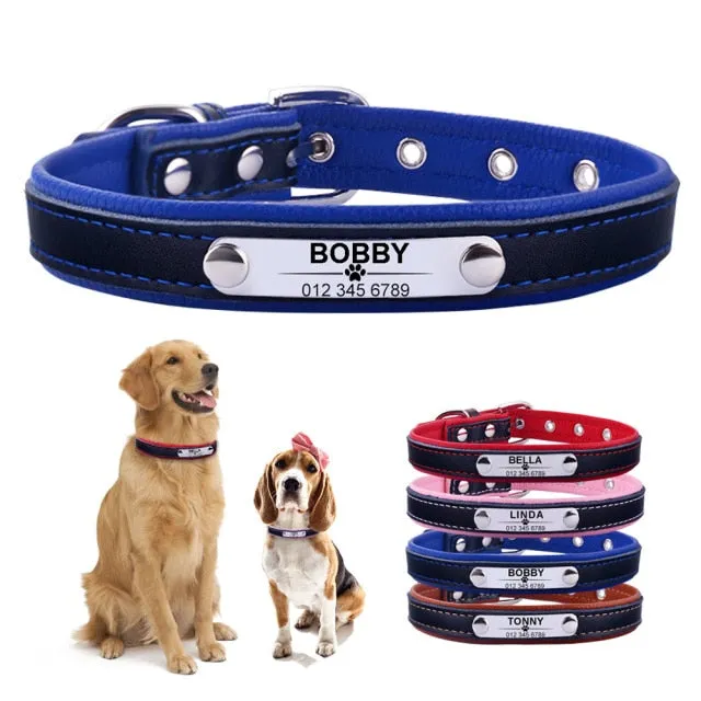 Adjustable Custom Engraved Leather Dog Collar - XS-L