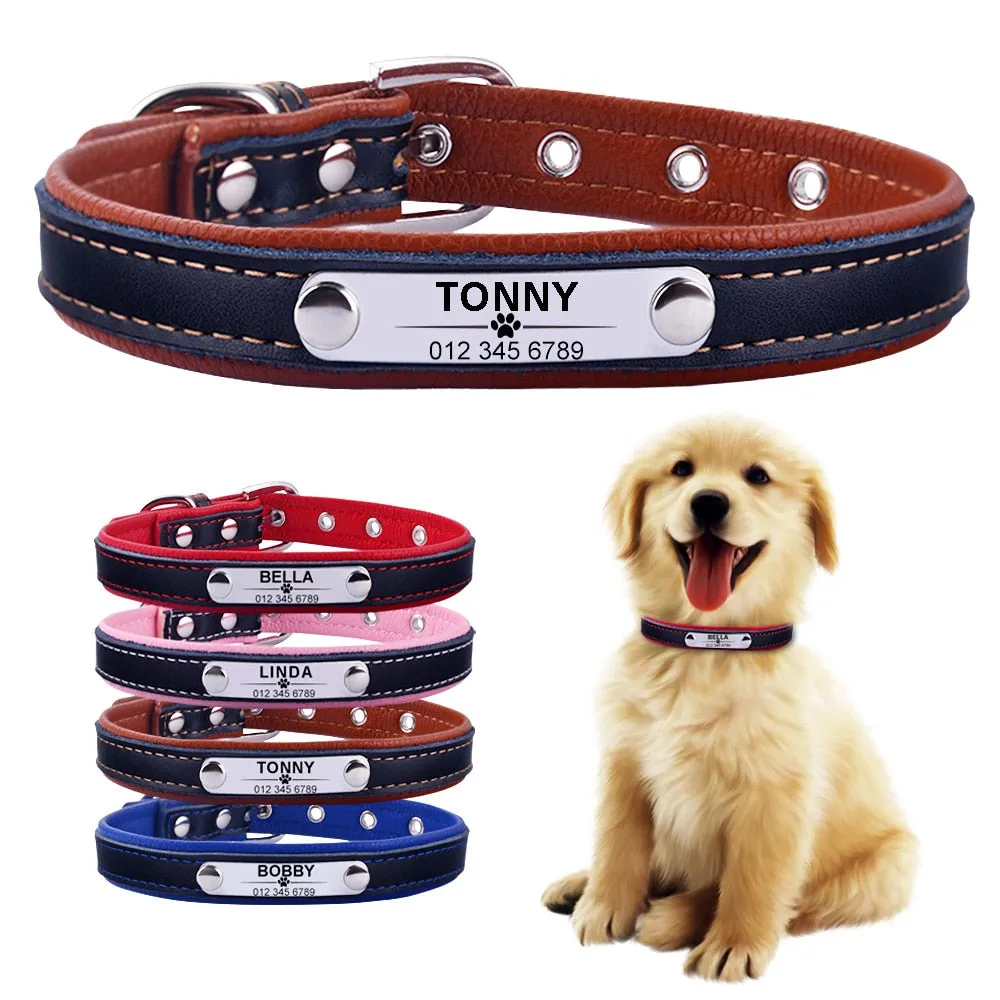 Adjustable Custom Engraved Leather Dog Collar - XS-L
