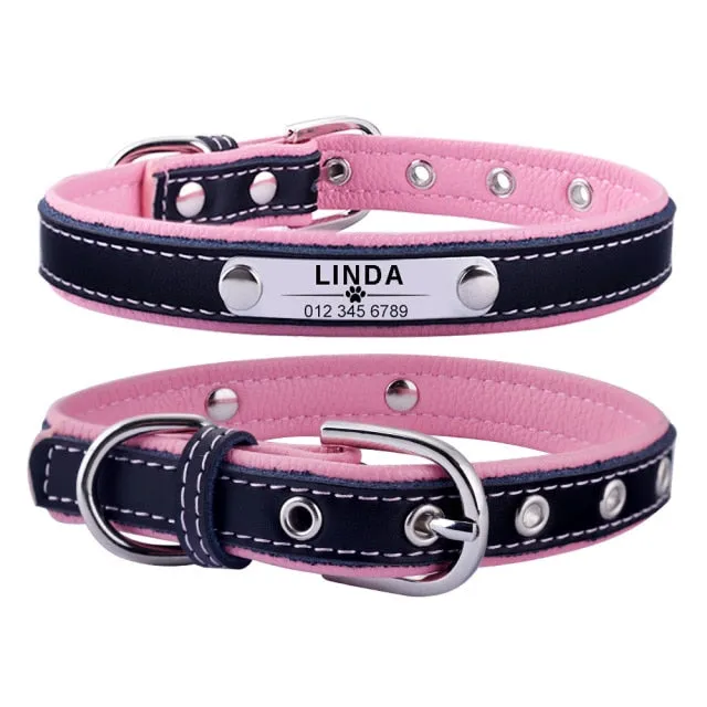 Adjustable Custom Engraved Leather Dog Collar - XS-L