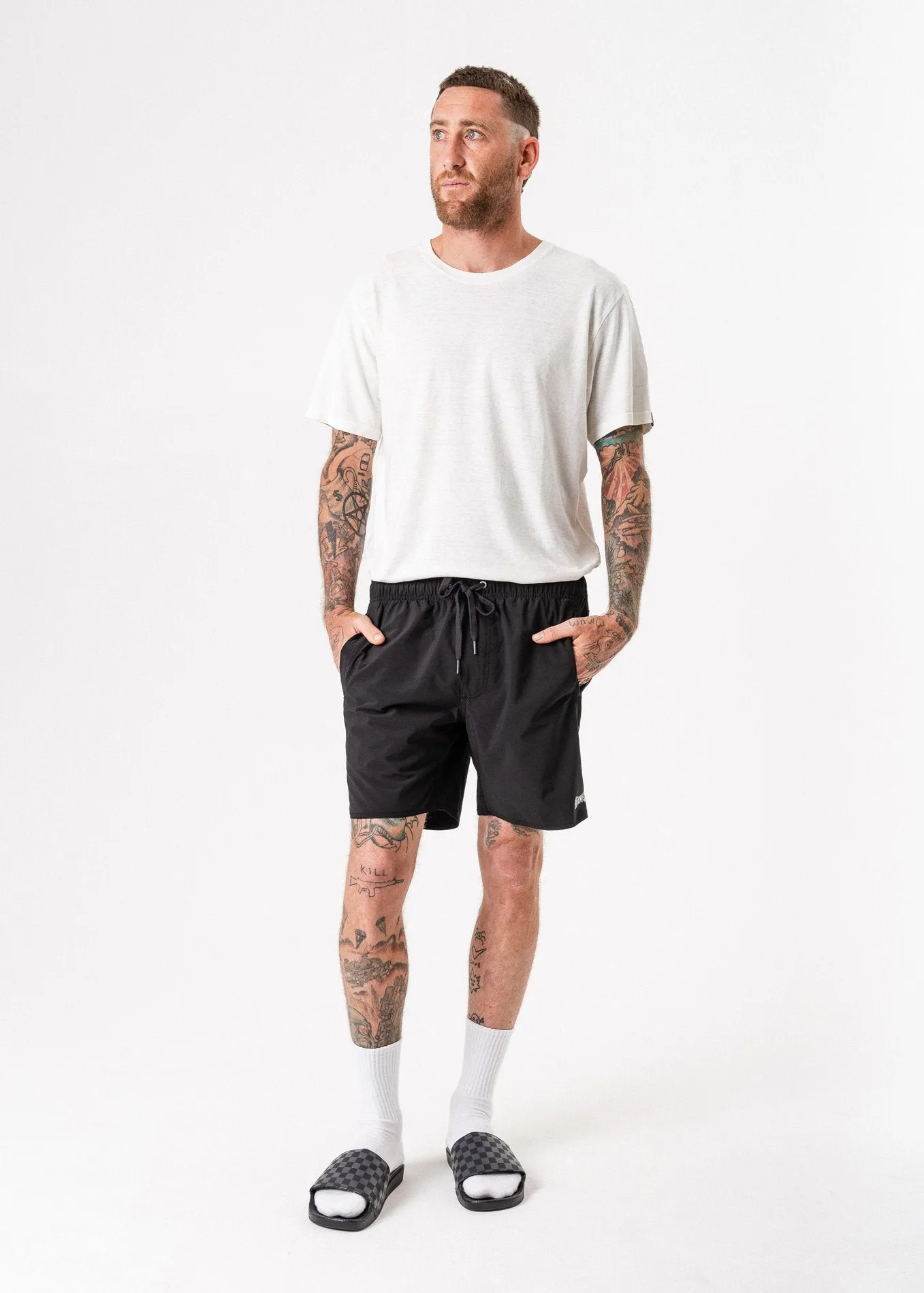 Afends Mens Baywatch - Black Metal Elastic Waist Boardshort