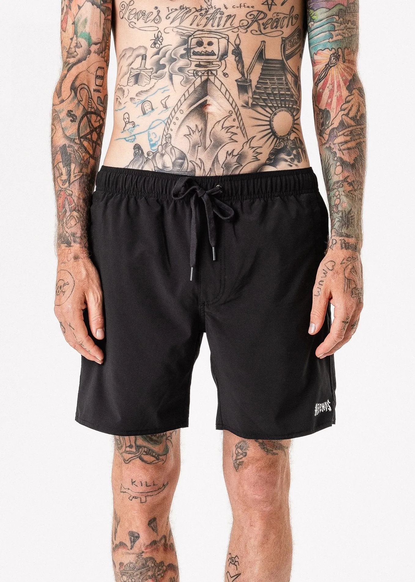 Afends Mens Baywatch - Black Metal Elastic Waist Boardshort
