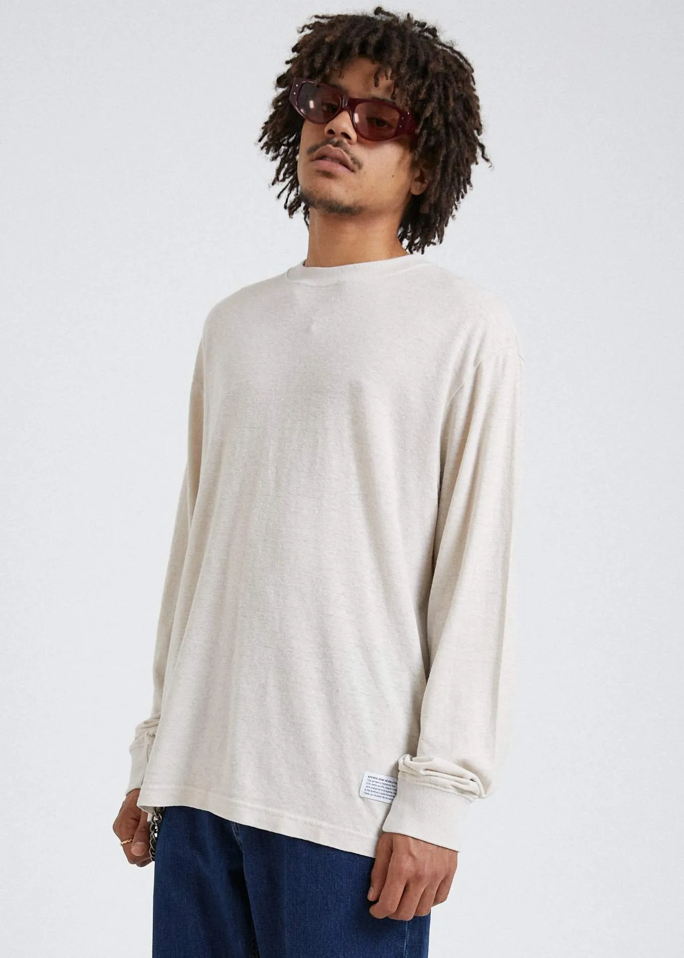 Afends Mens Rolling On - Hemp Retro Fit Long Sleeve Tee - Moonbeam
