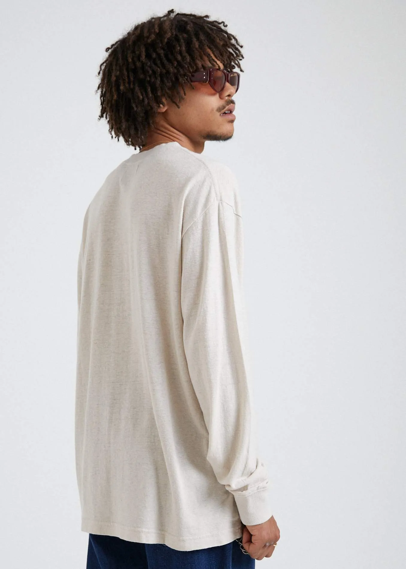 Afends Mens Rolling On - Hemp Retro Fit Long Sleeve Tee - Moonbeam