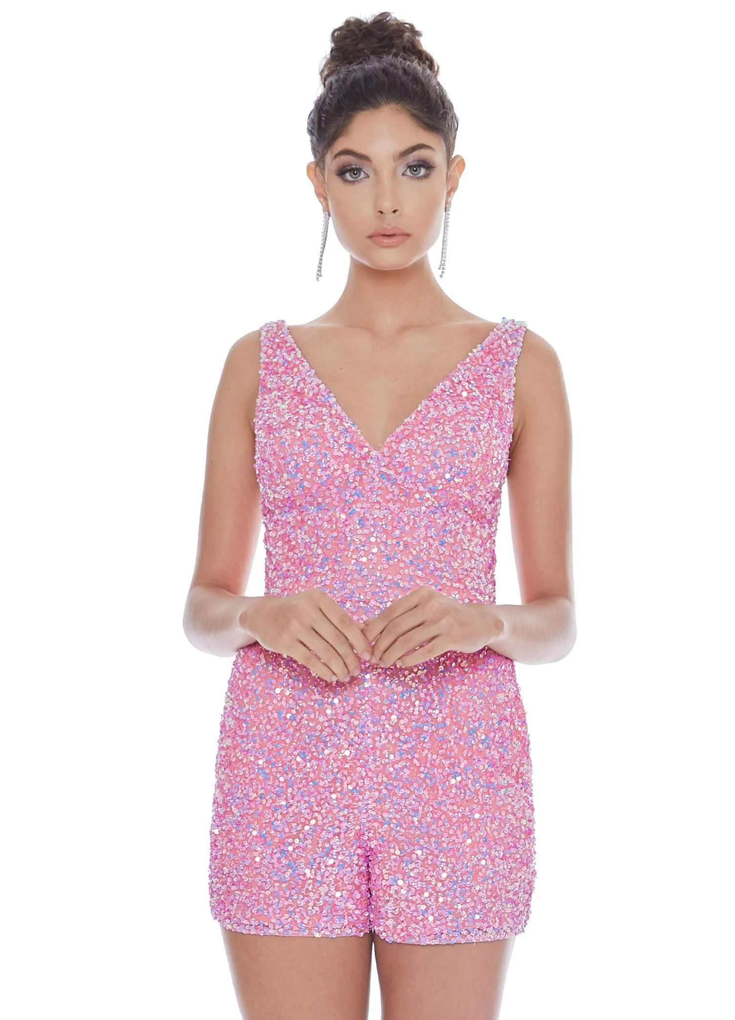 Ashley Lauren 4286 Size 8 Short Sequin romper Pockets Prom Pageant V Neck
