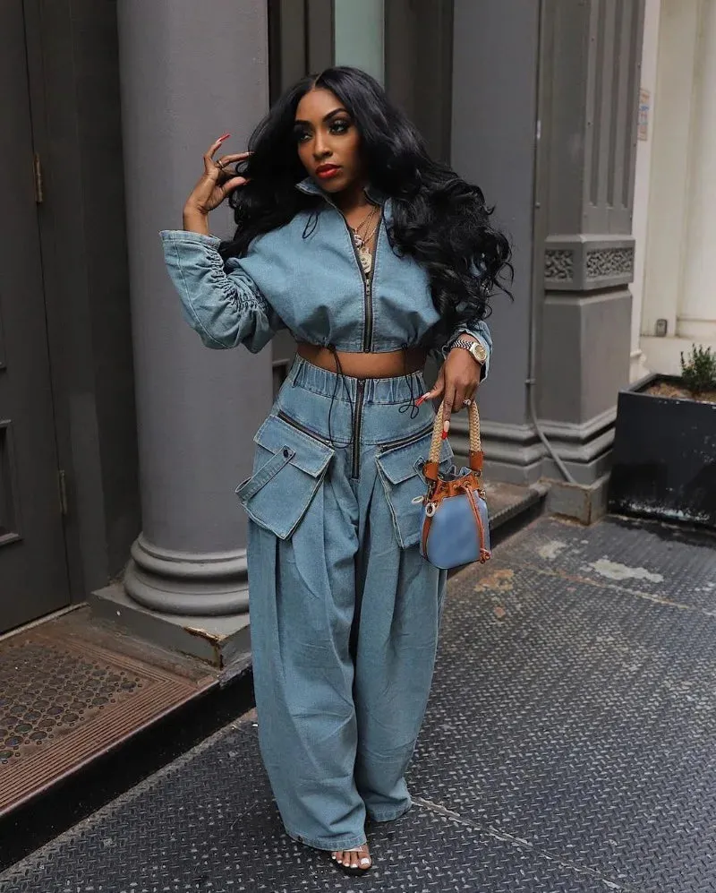 Ava Wide Leg Denim Pants Set