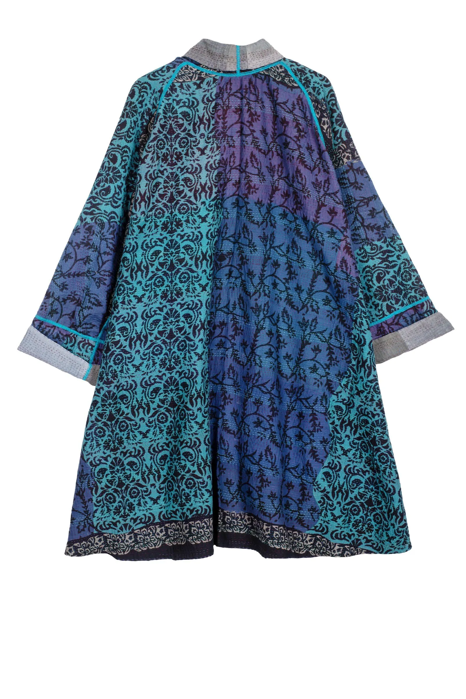 BAGH PRINT KANTHA KIMONO LONG JACKET - bg2005-blu -