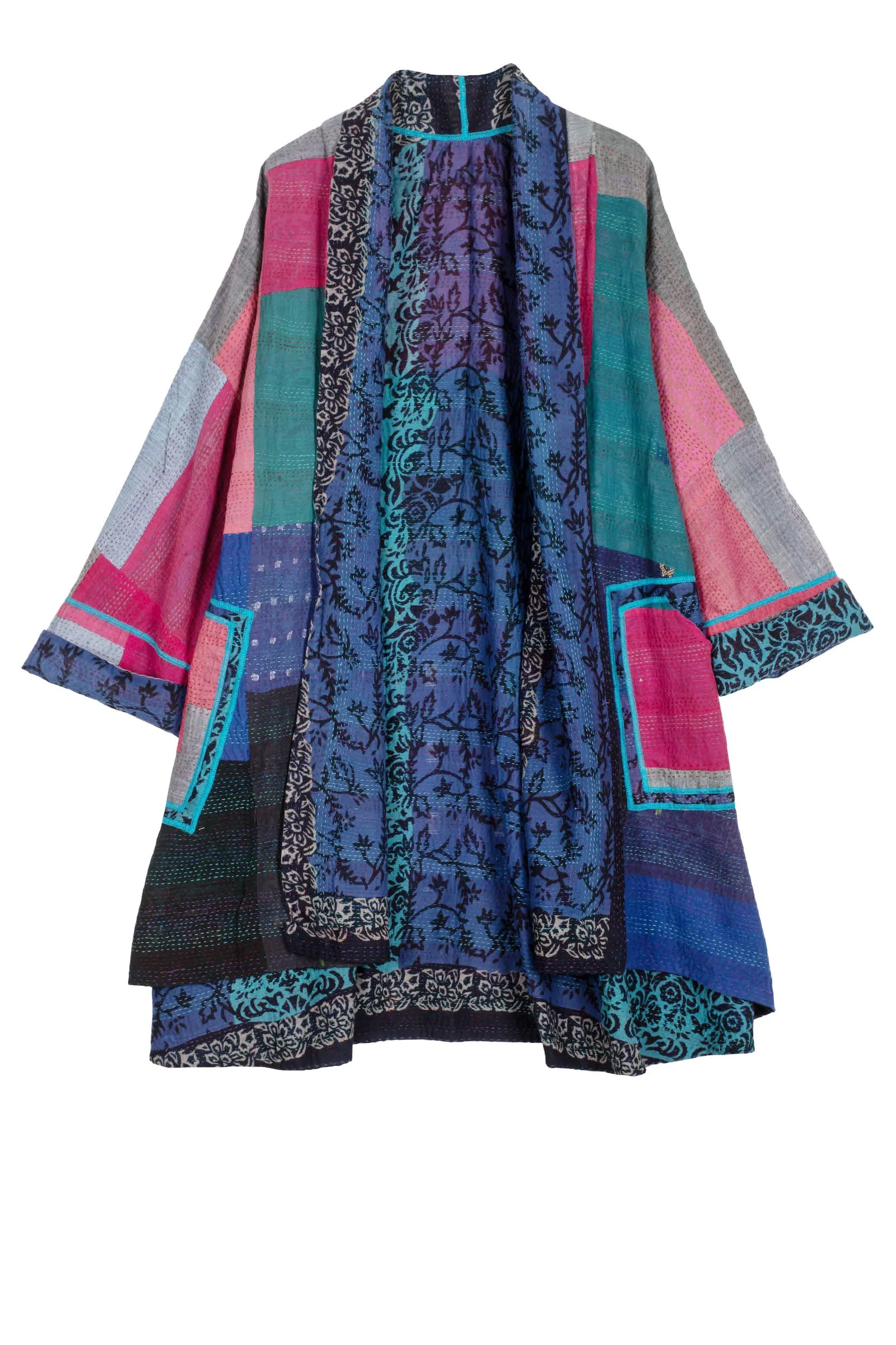 BAGH PRINT KANTHA KIMONO LONG JACKET - bg2005-blu -