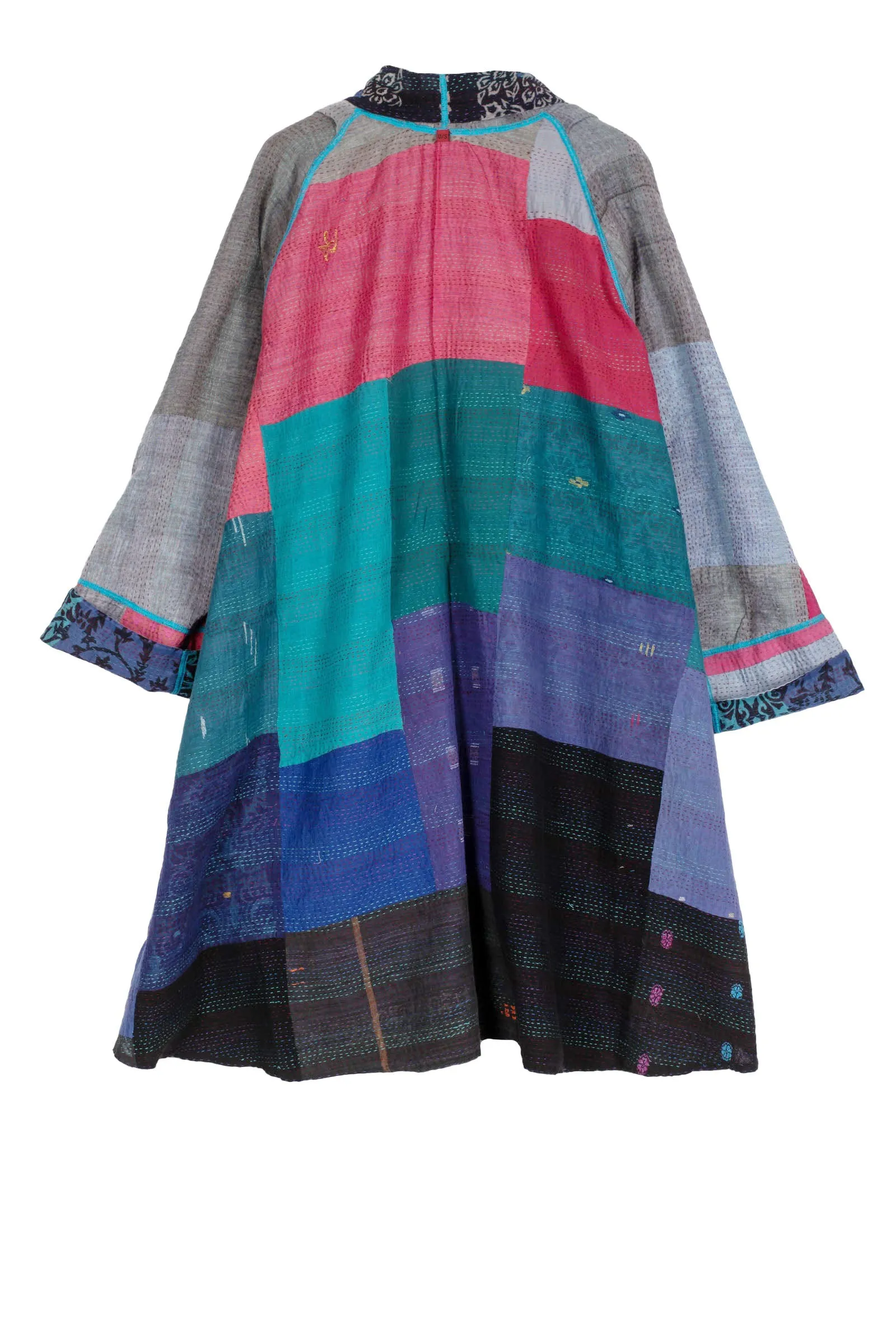 BAGH PRINT KANTHA KIMONO LONG JACKET - bg2005-blu -