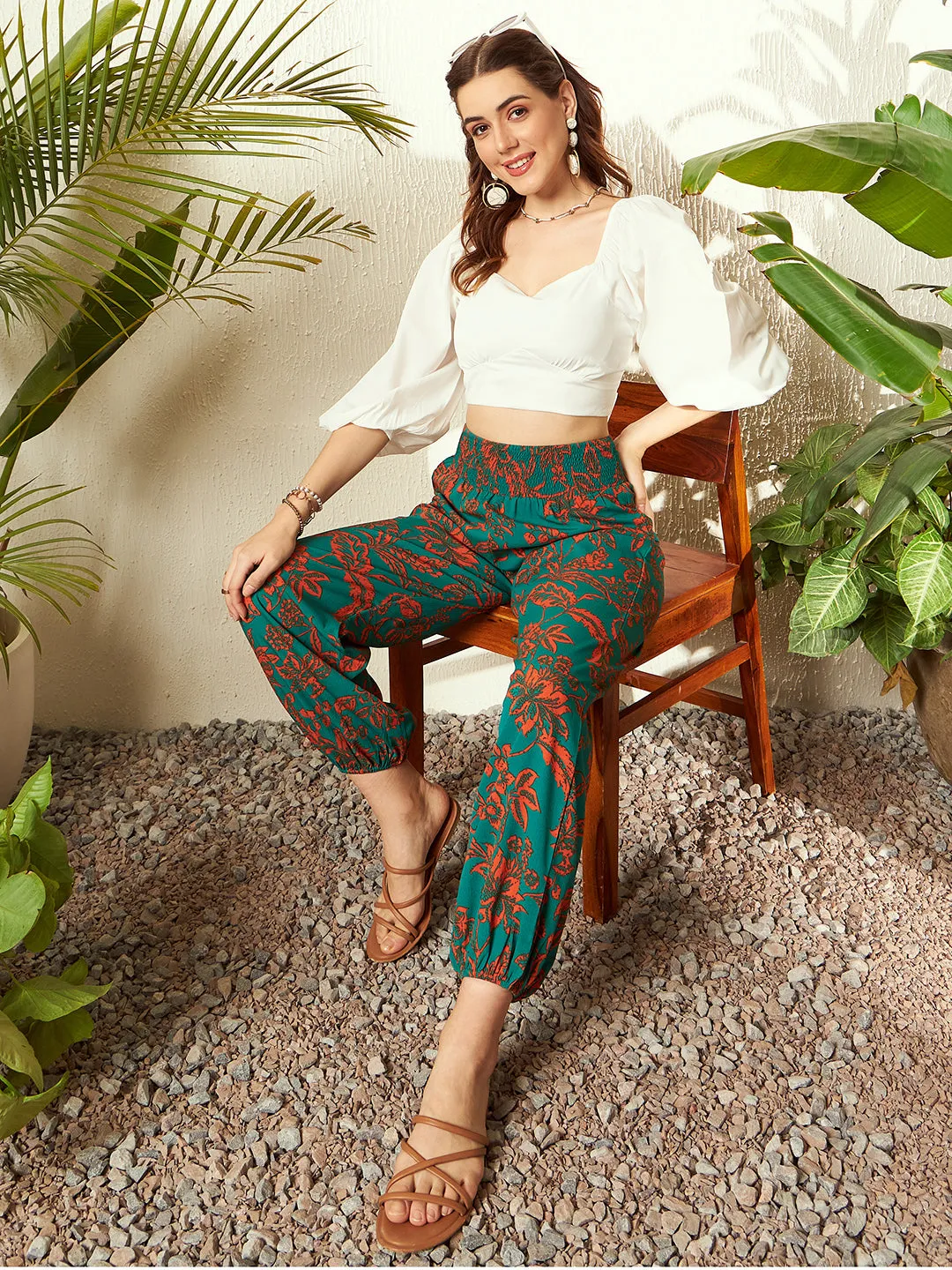 Berrylush Women Green & Orange Floral Printed High-Rise Waist Wide-Leg Slip-On Smocked Regular Parallel Pants