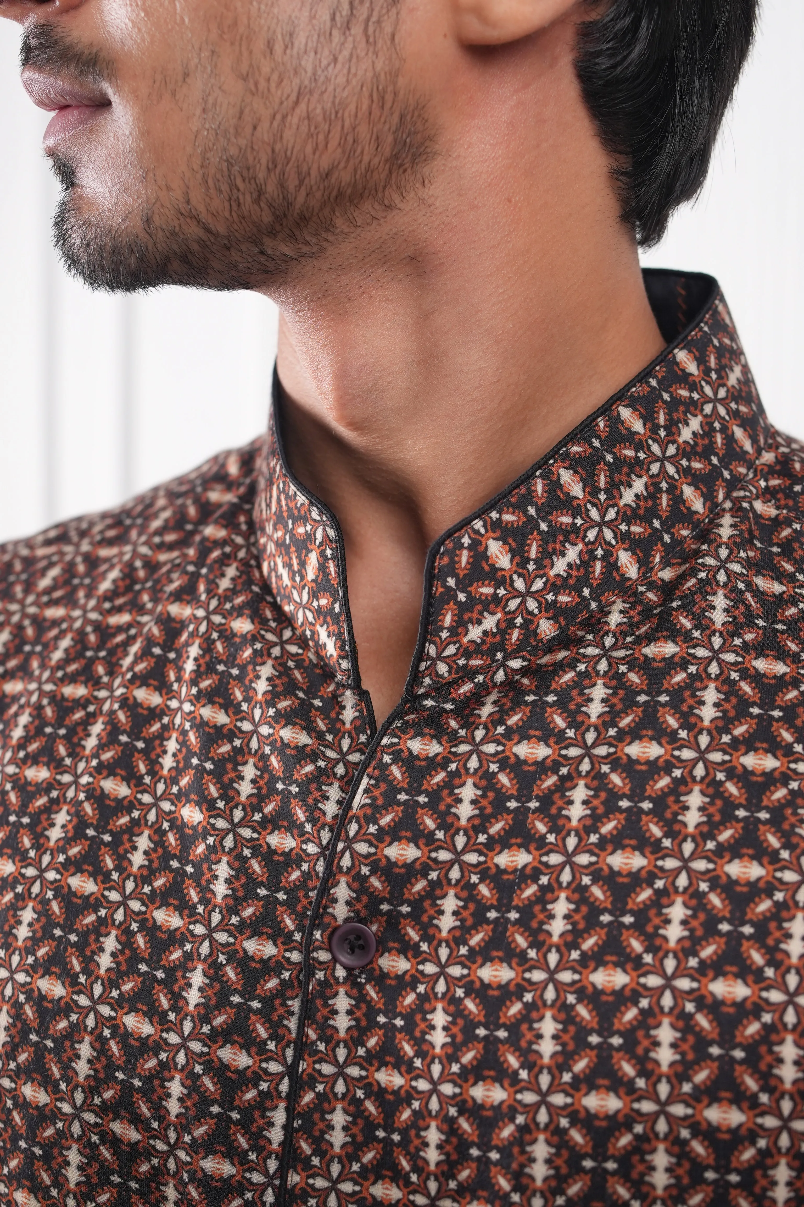Black Tan Tile Print Silk Shirt