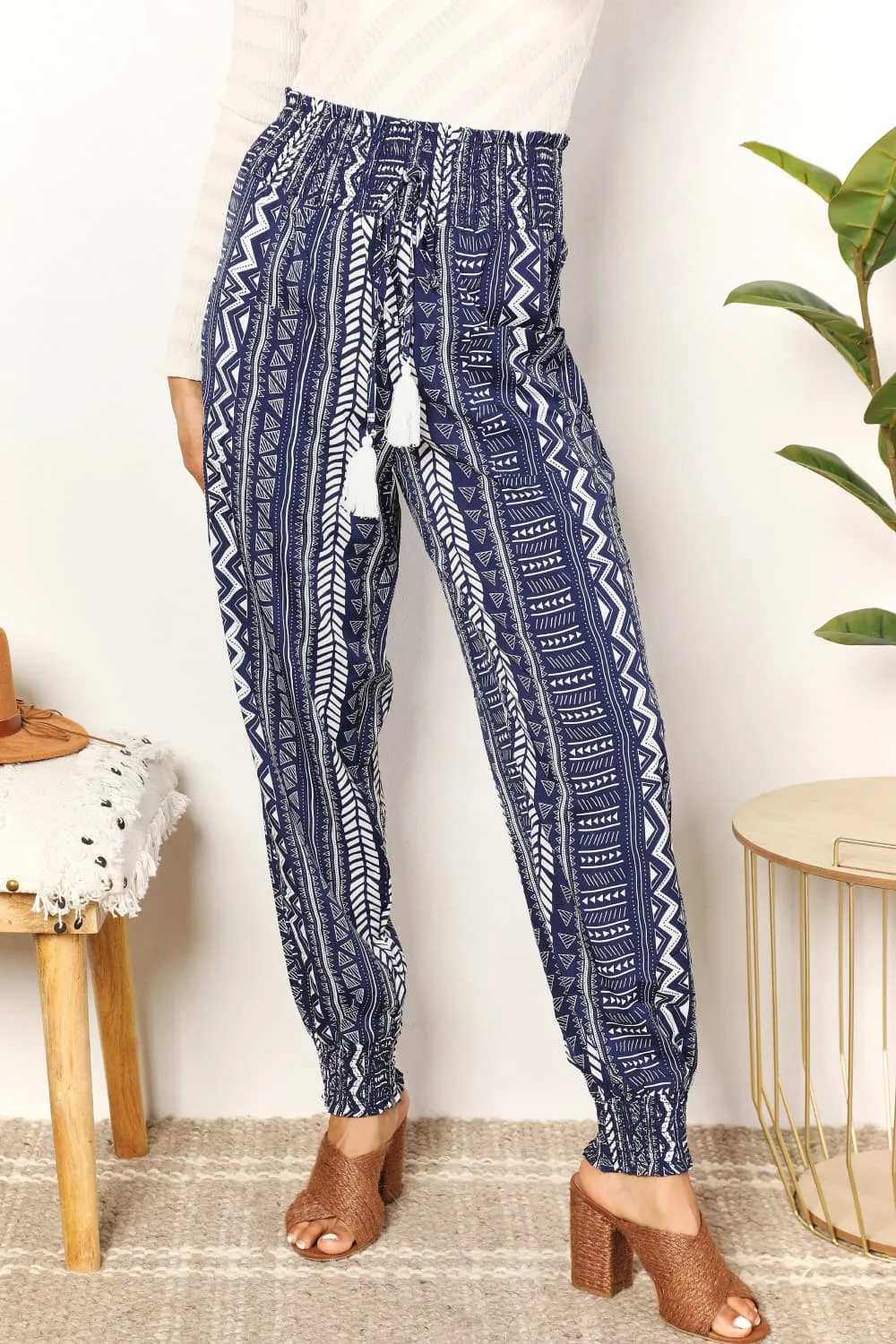 Boho Print Tassel High-Rise Pants in Navy