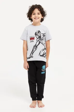 Boys Grey And Black Printed Pyjama Set (2 Piece)