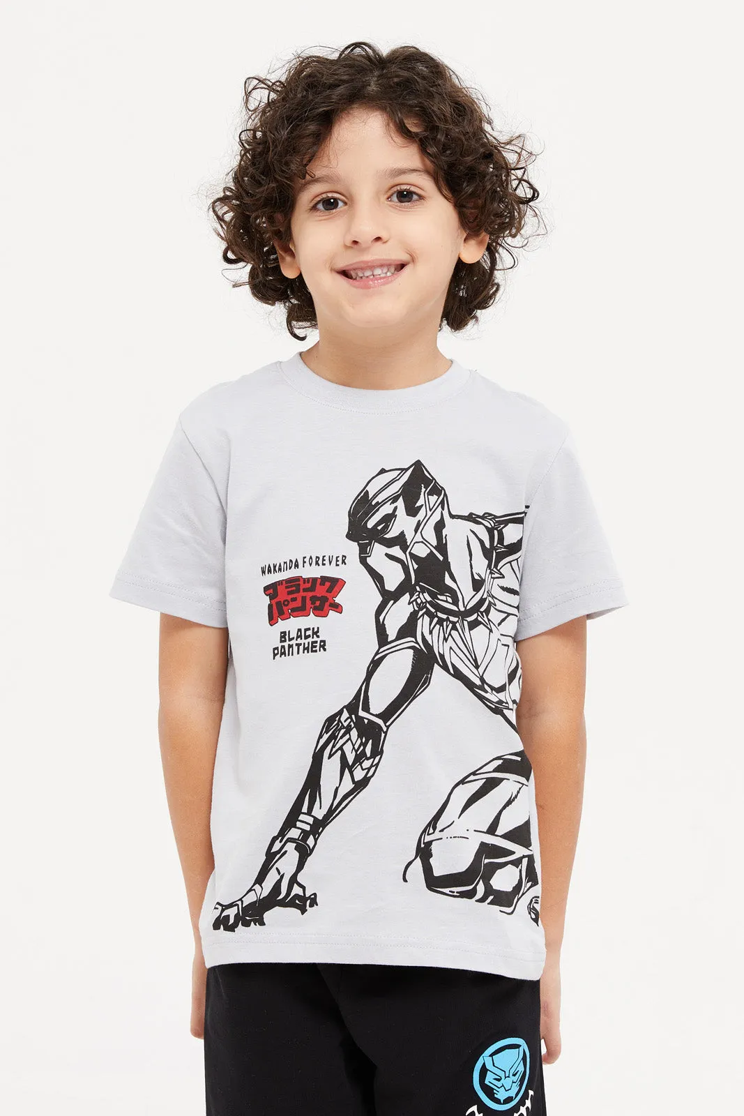 Boys Grey And Black Printed Pyjama Set (2 Piece)