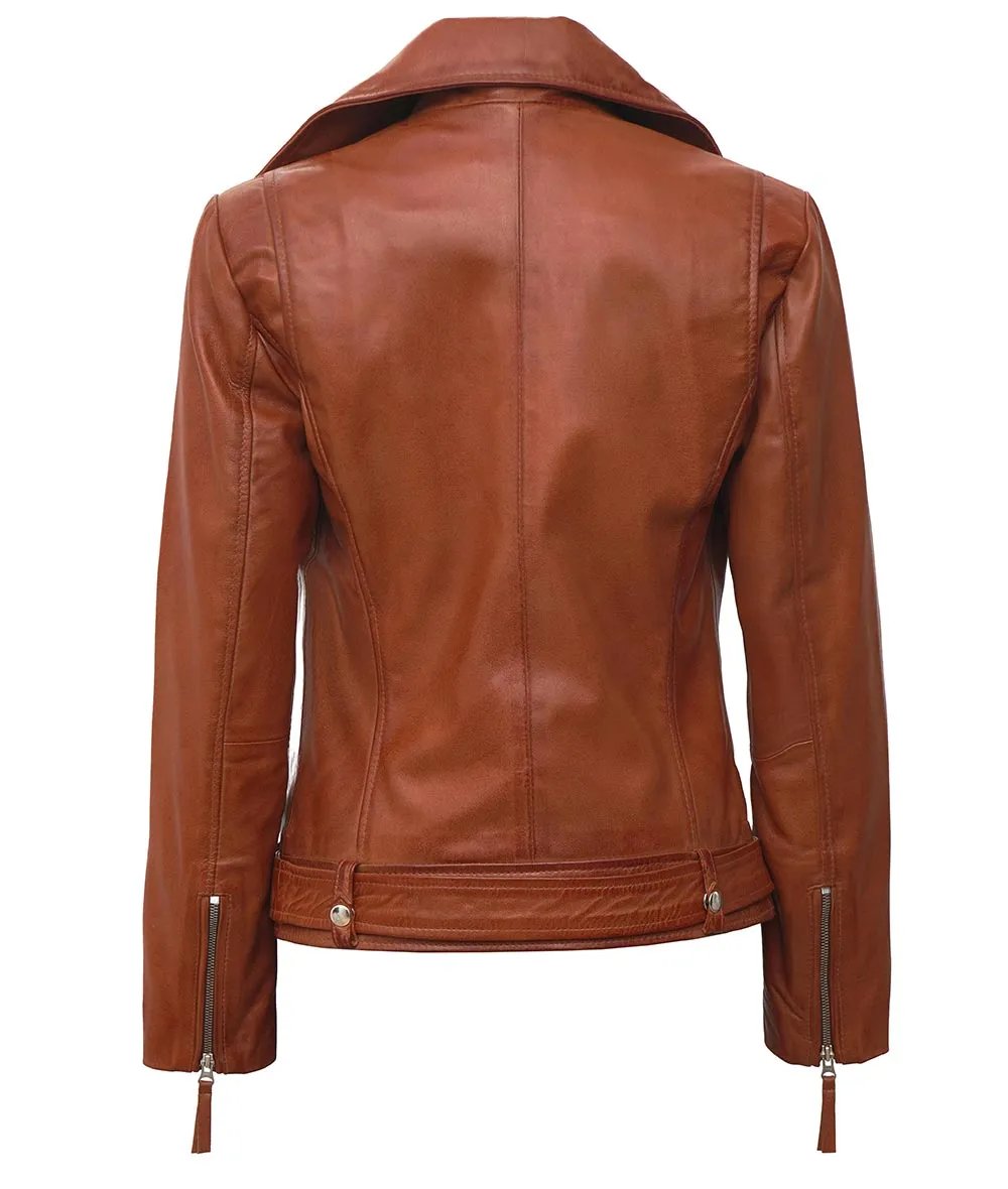 Brown Moto Leather Jacket Womens  Asymmetrical Style