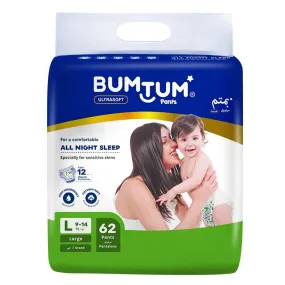 Bumtum Baby Diaper Pants, Large Size, 62 Count, Double Layer Leakage Protection Infused With Aloe Vera, Cottony Soft High Absorb Technology (Pack of 1)