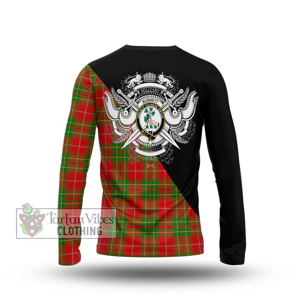 Burnett Tartan Long Sleeve T-Shirt with Family Crest and Military Logo Style