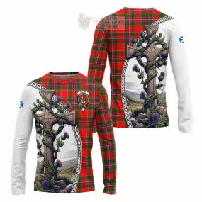 Butter Tartan Long Sleeve T-Shirt with Family Crest and St. Andrew's Cross Accented by Thistle Vines