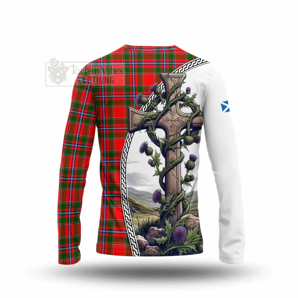 Butter Tartan Long Sleeve T-Shirt with Family Crest and St. Andrew's Cross Accented by Thistle Vines