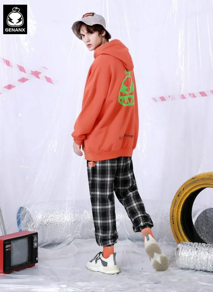 Casual Plaid Drawstring Label Loose Straight Jogger Pants