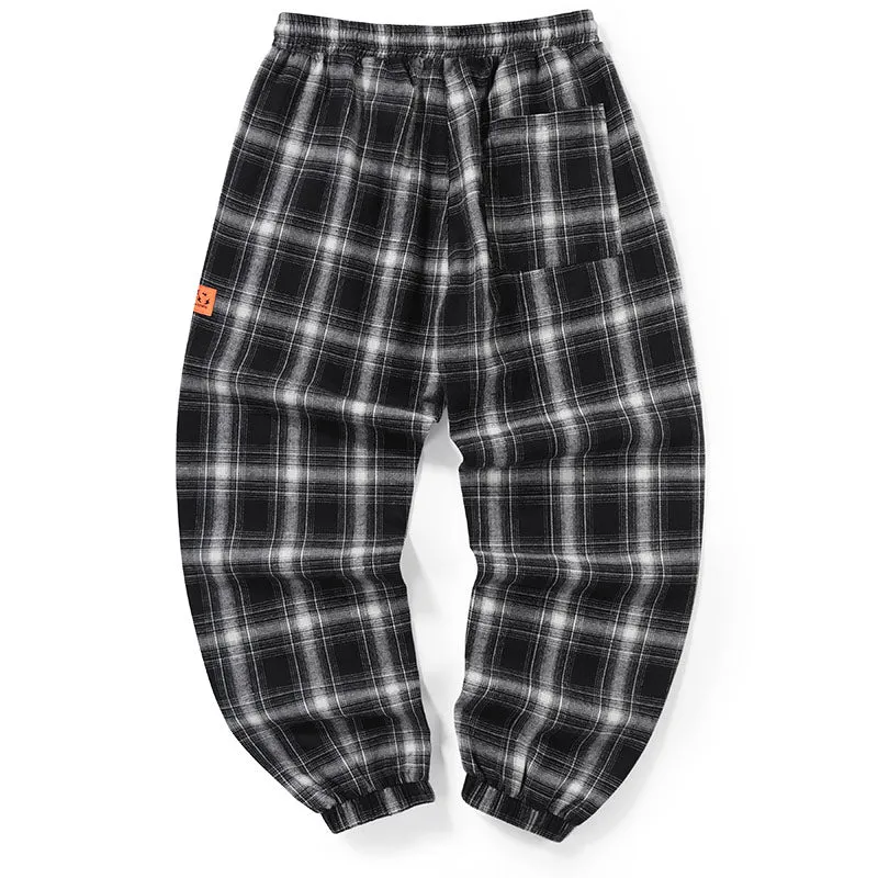 Casual Plaid Drawstring Label Loose Straight Jogger Pants