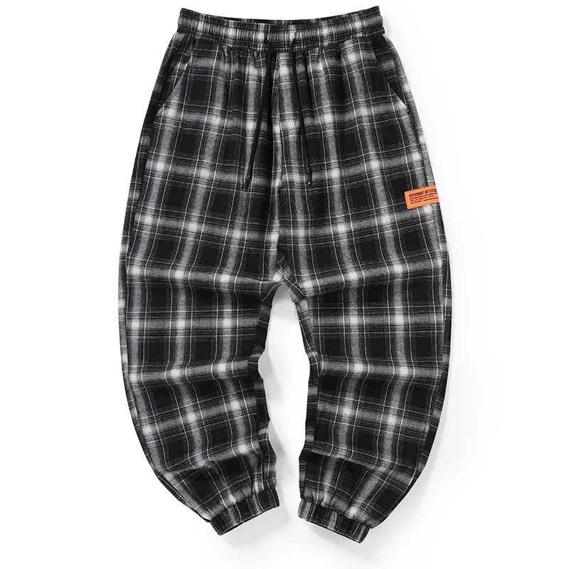 Casual Plaid Drawstring Label Loose Straight Jogger Pants
