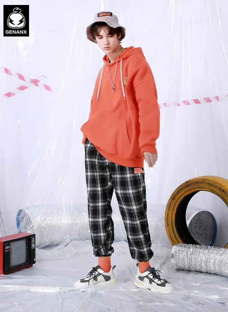 Casual Plaid Drawstring Label Loose Straight Jogger Pants