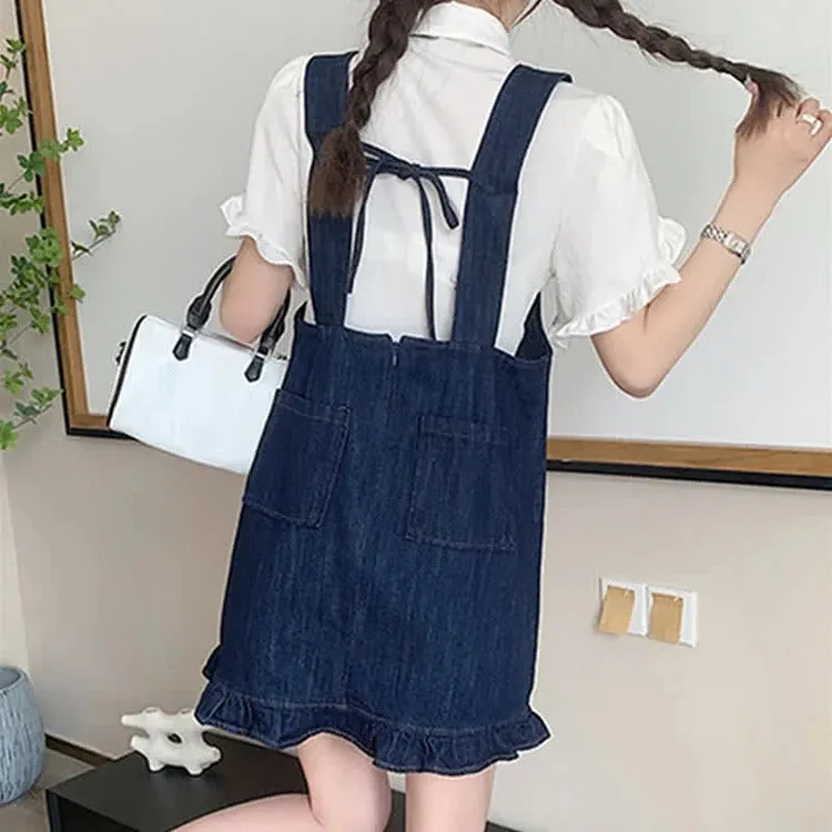Chic Pocket Lapel Tie Shirt and Denim Overall Dress Set