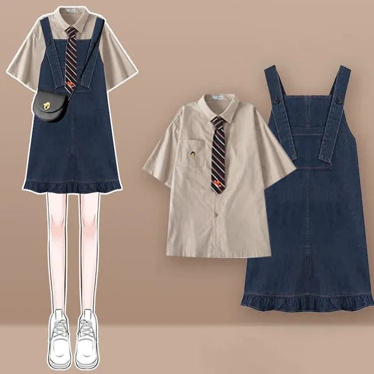 Chic Pocket Lapel Tie Shirt and Denim Overall Dress Set