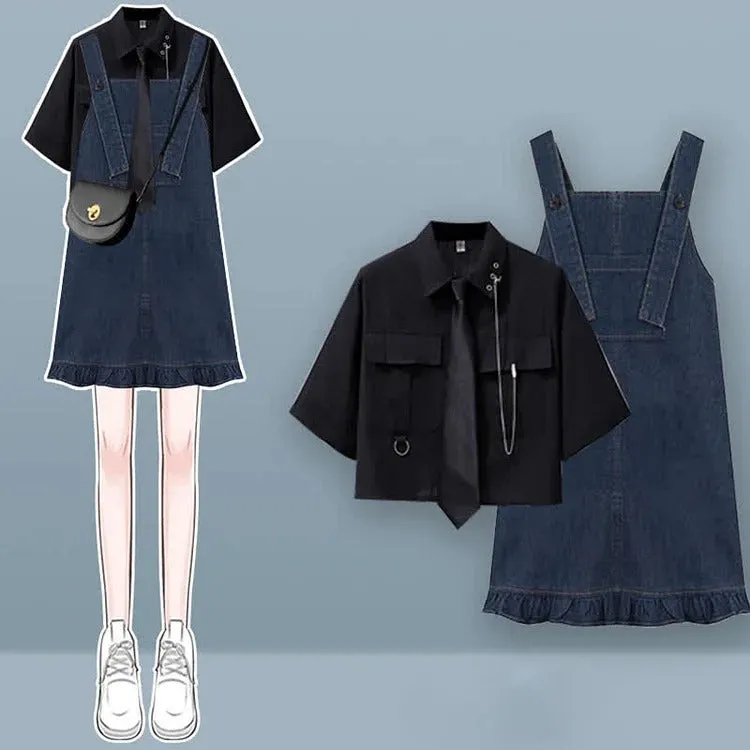 Chic Pocket Lapel Tie Shirt and Denim Overall Dress Set