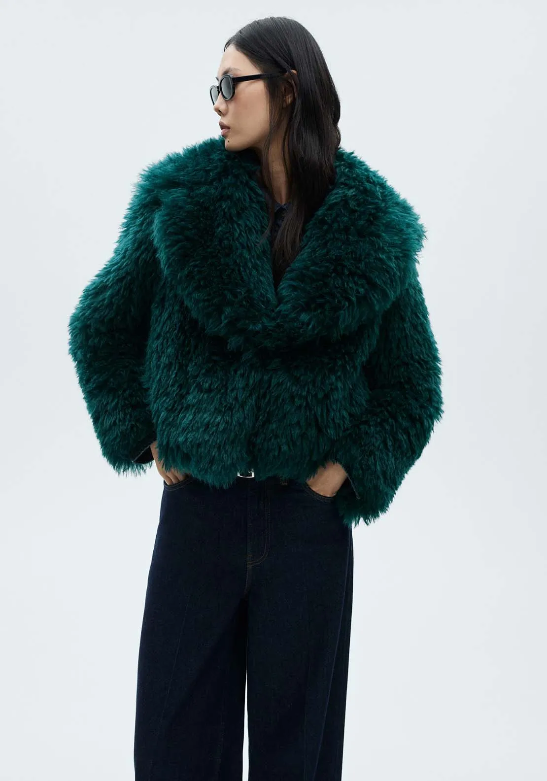 Coat with fur-effect lapels - Medium Blue
