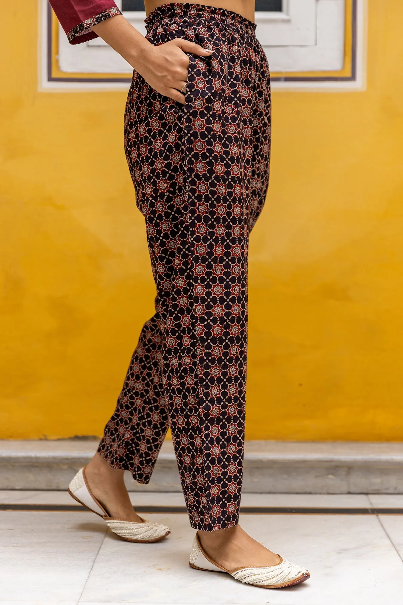 Cotton Ajrakh Printed Pants in Black with Elastic Waist