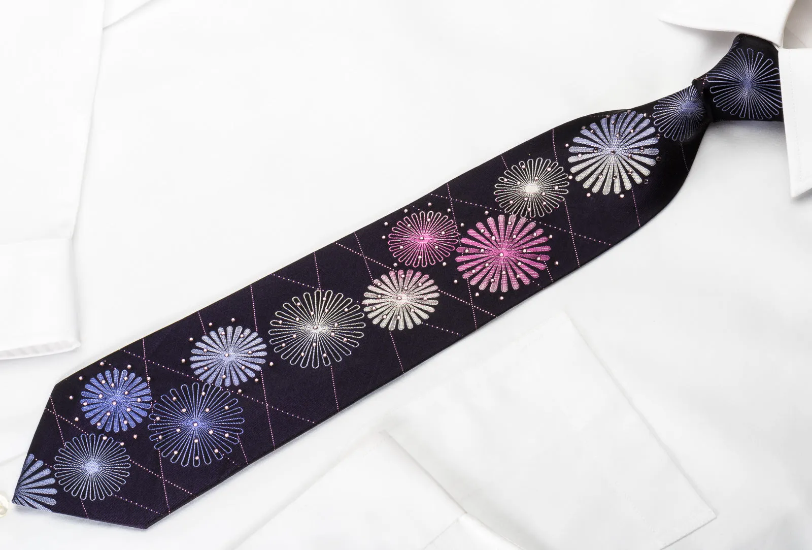 Crocodile Silk Rhinestone Necktie Geometric On Purple With Sparkles