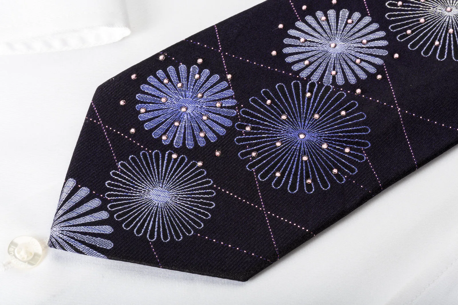 Crocodile Silk Rhinestone Necktie Geometric On Purple With Sparkles