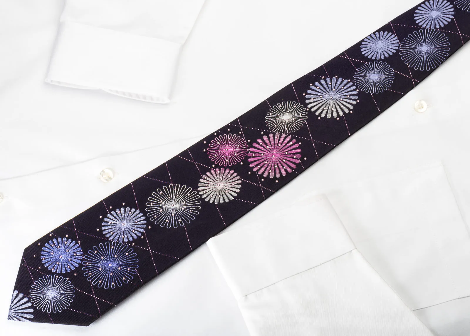 Crocodile Silk Rhinestone Necktie Geometric On Purple With Sparkles