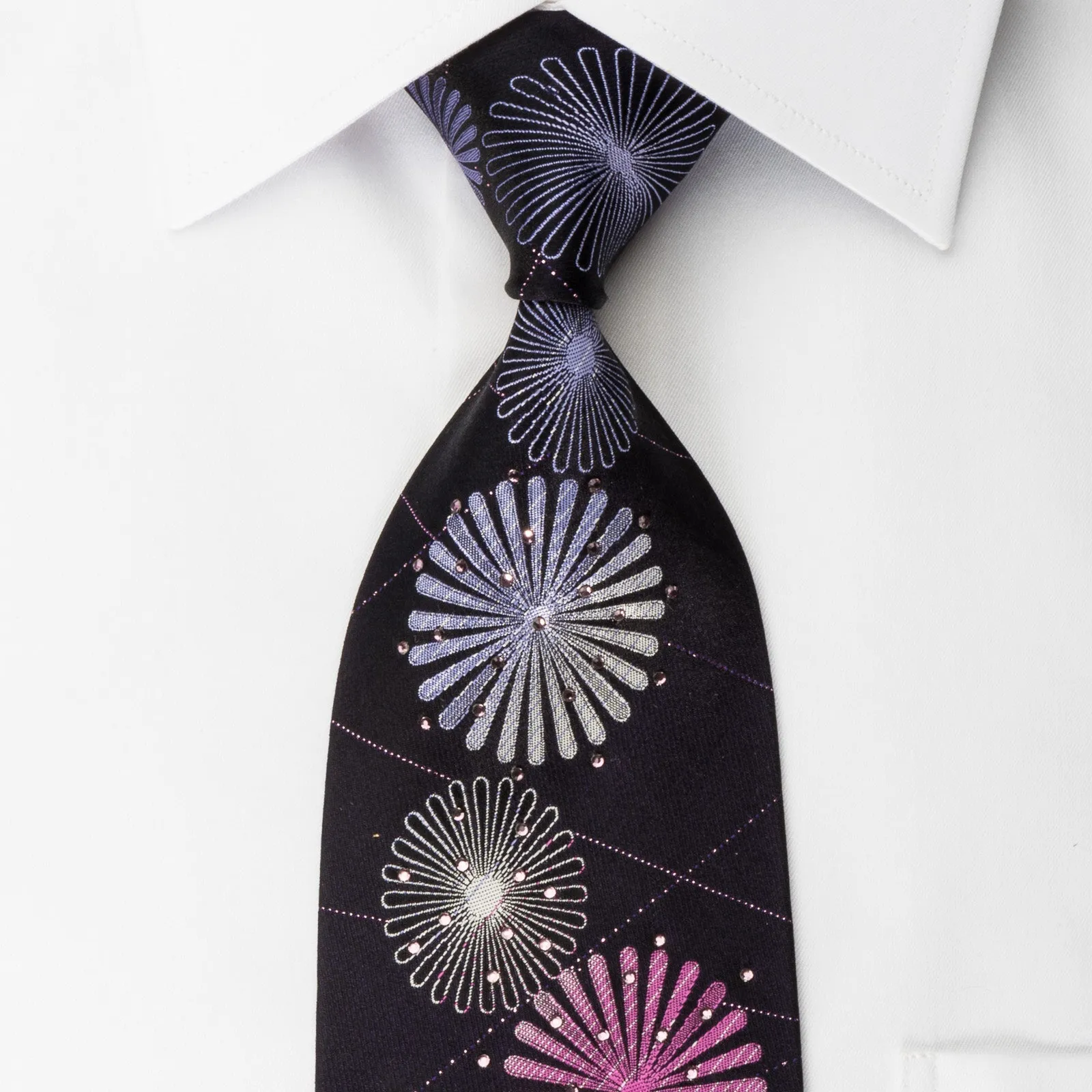 Crocodile Silk Rhinestone Necktie Geometric On Purple With Sparkles
