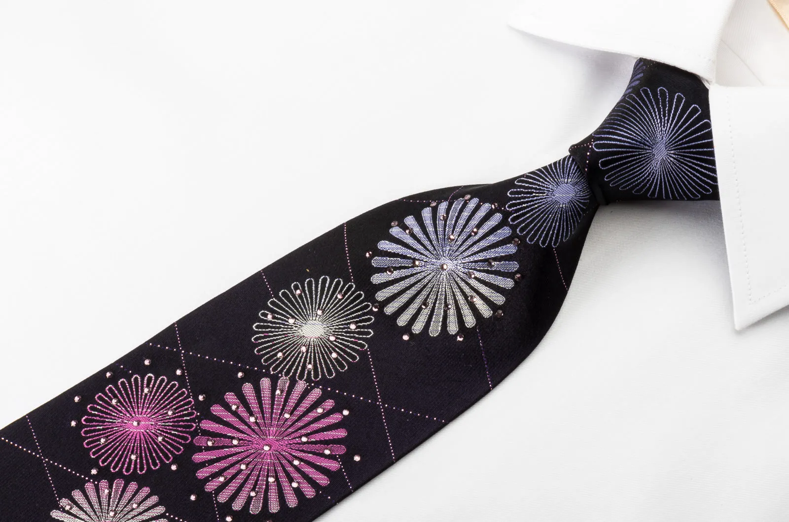 Crocodile Silk Rhinestone Necktie Geometric On Purple With Sparkles