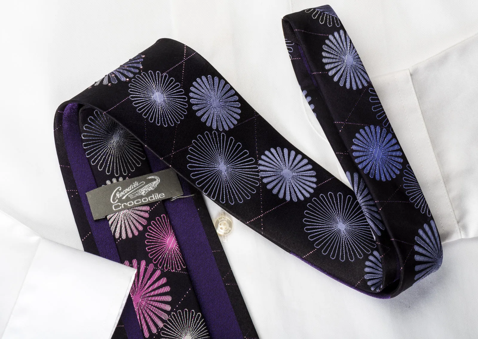 Crocodile Silk Rhinestone Necktie Geometric On Purple With Sparkles