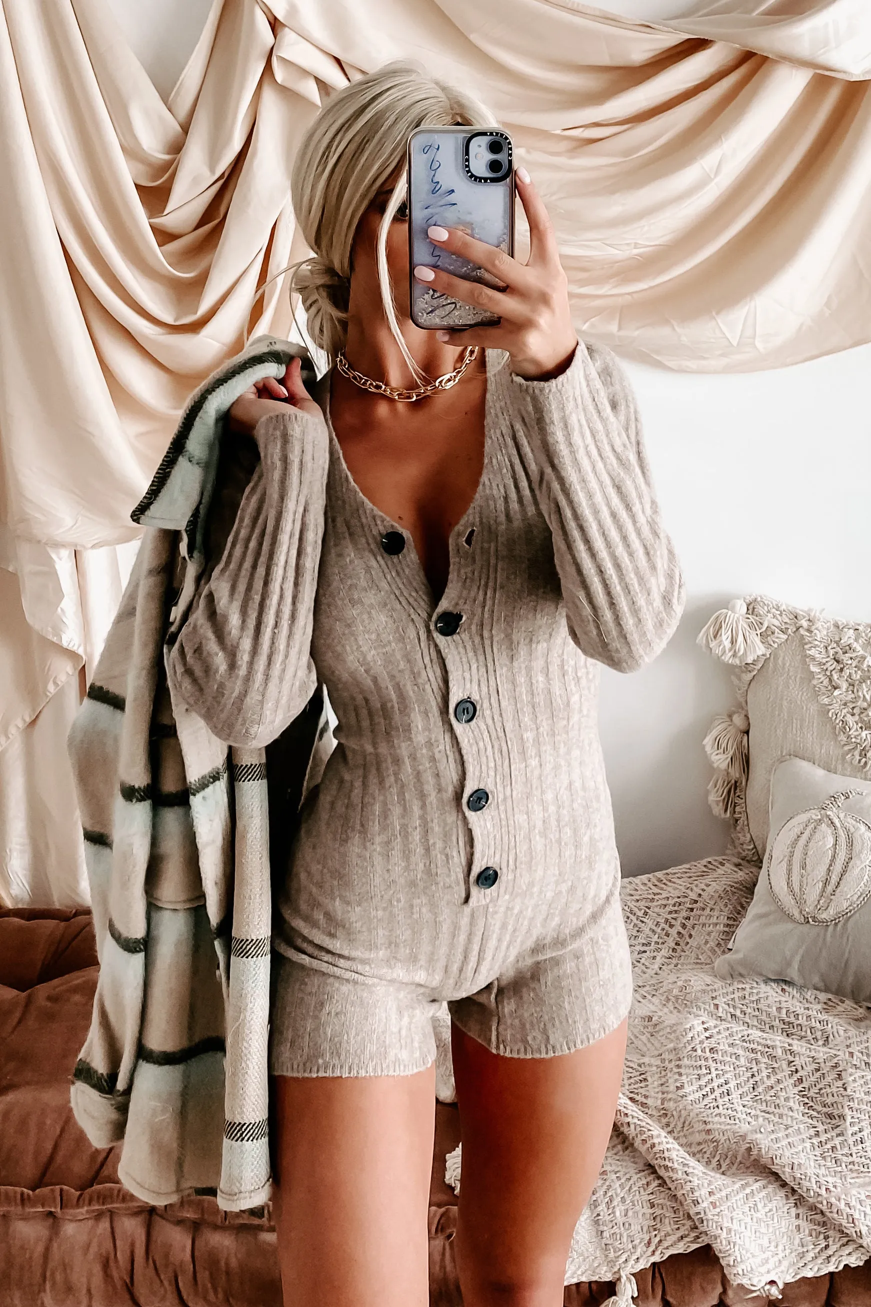 Cute & Cuddly Button-Front Sweater Romper (Taupe)