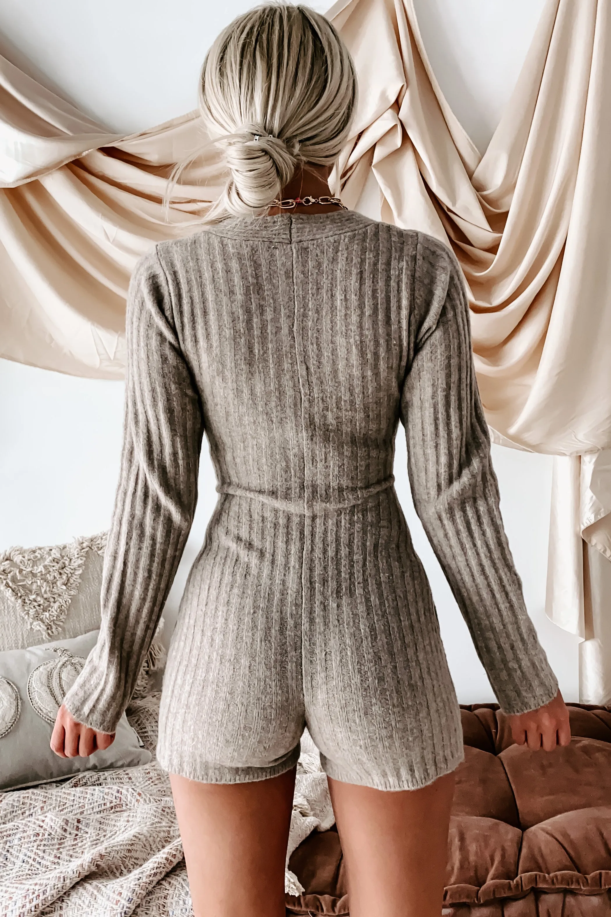 Cute & Cuddly Button-Front Sweater Romper (Taupe)