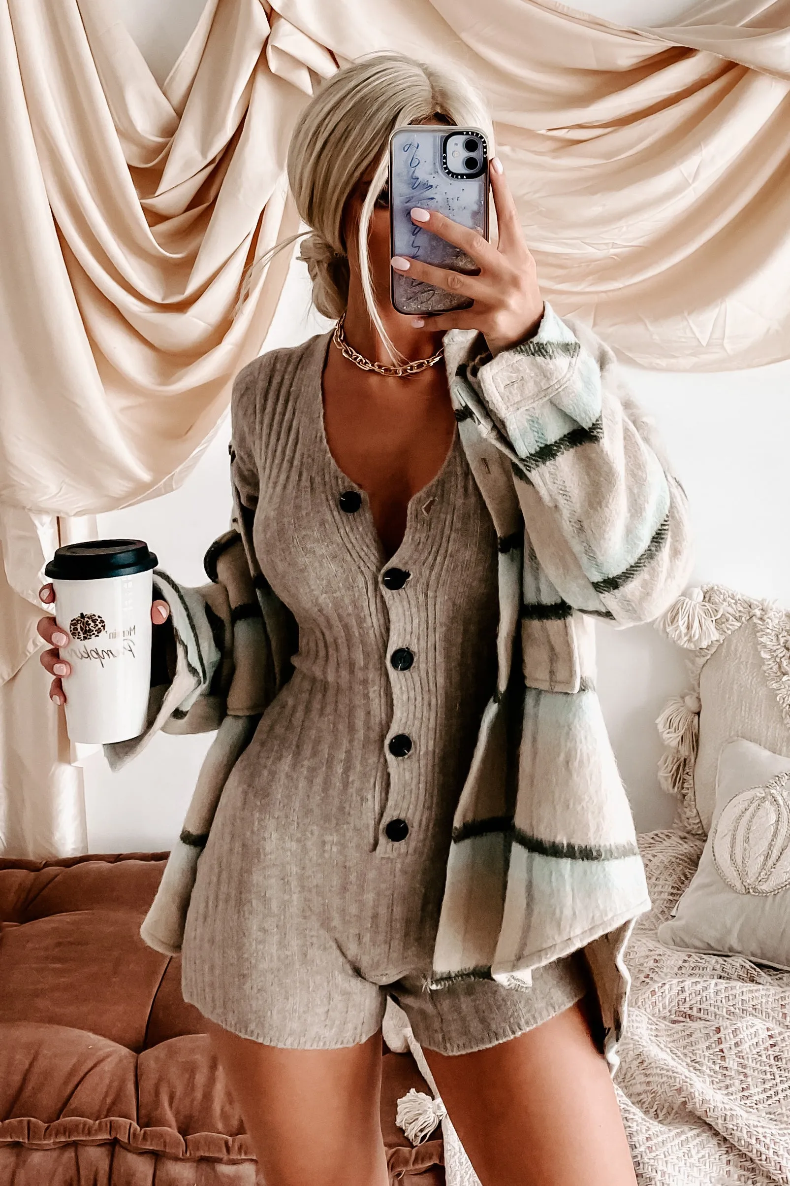 Cute & Cuddly Button-Front Sweater Romper (Taupe)