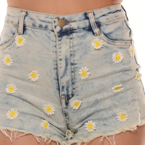 Daisy Detail High Waisted Shorts -Light Blue