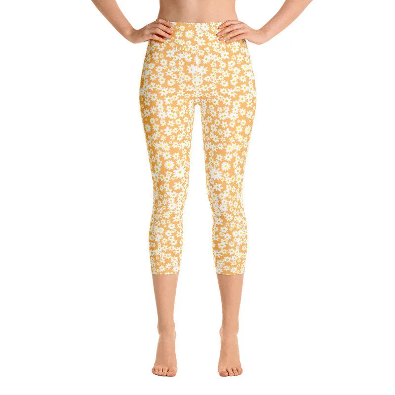 Daisy Orange High Waist Yoga Capri Leggings