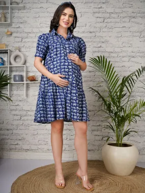 DIYA - BLUE ANIMAL PRINT KNEE LENGTH SHIRT MATERNITY DRESS