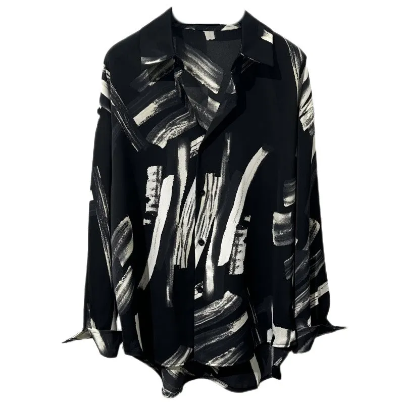 Dripping graffiti striped men ice silk shirt