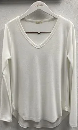 Dylan Rib Knit L/S Deep V-Neck White
